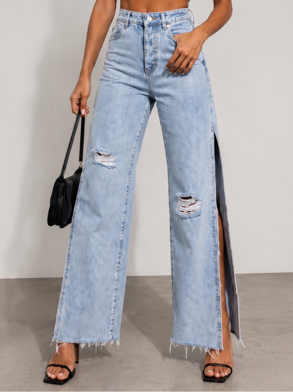 Adika Side Slit Wide Leg Jeans Distressed Light Wash Button Fly Size M NWT